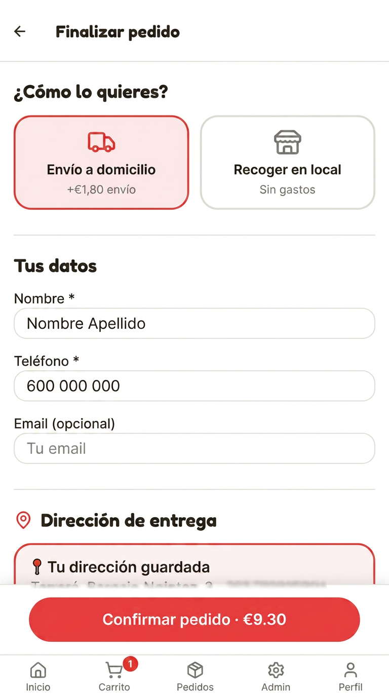 App de pedidos a domicilio · Envío o recogida